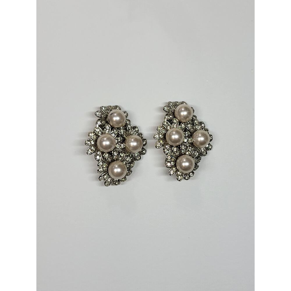 Vintage KJL Faux Pearl Rhinestone Cluster Earrings Silver Tone Clip-On
